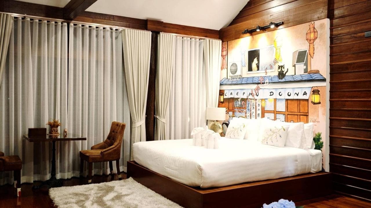 Full view of the timber Deluxe Double Room at Doona Resort