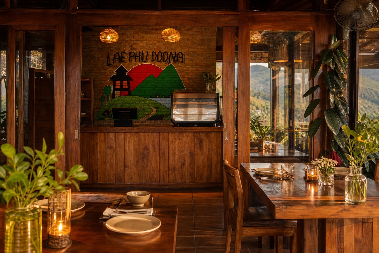 คาเฟ่และพื้นที่รับประทานอาหารไม้โทนอุ่นของ Doona Resort