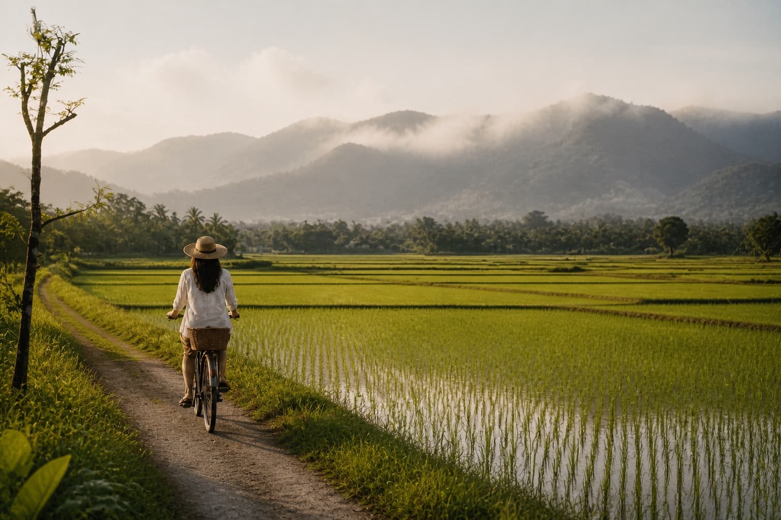 ผู้เข้าพักปั่นจักรยานอย่างสบายใจผ่านทุ่งนาใกล้ Doona Resort
