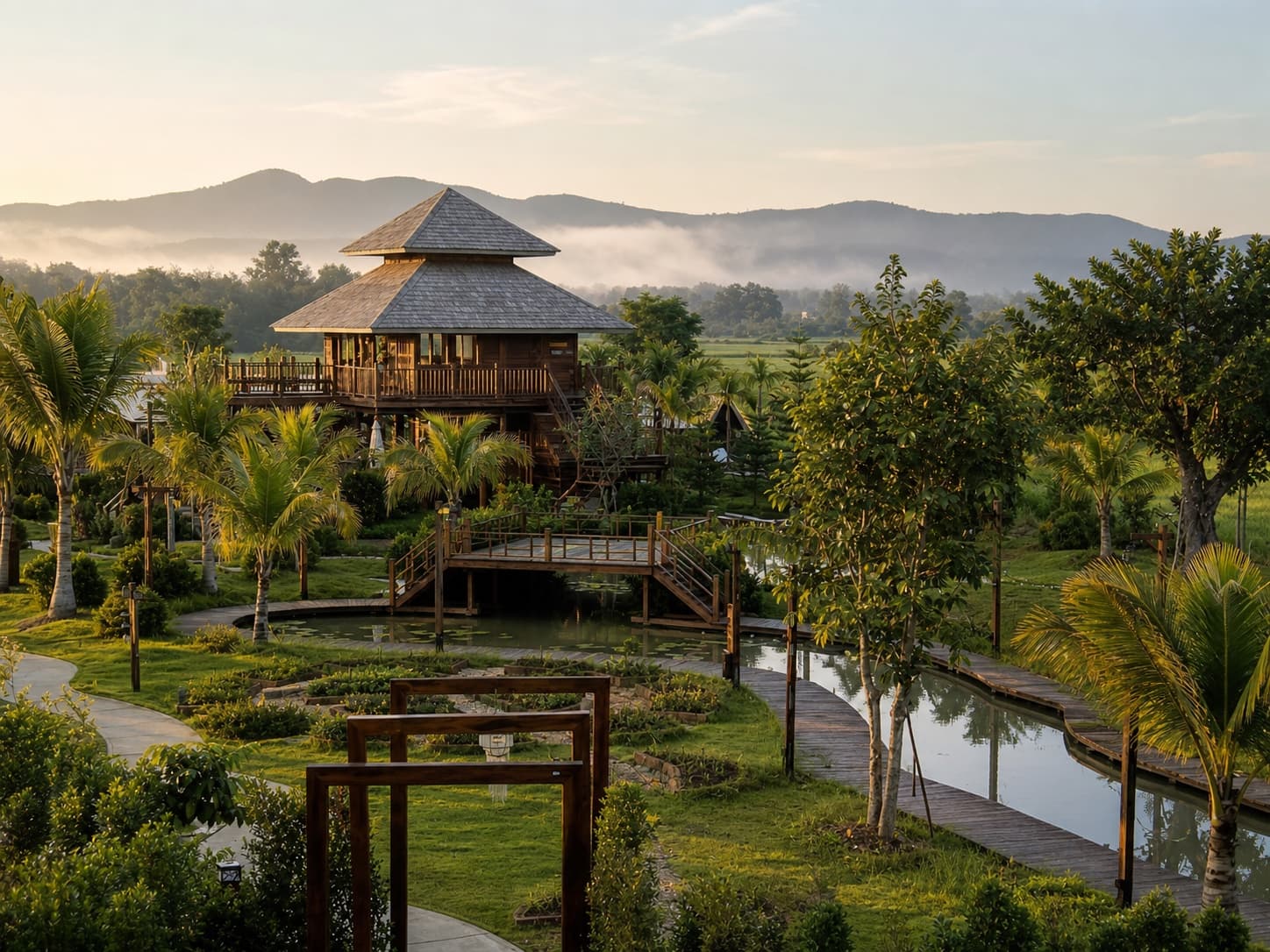 สวน ศาลาไม้ สายน้ำ และทิวเขาอันสงบของ Doona Resort