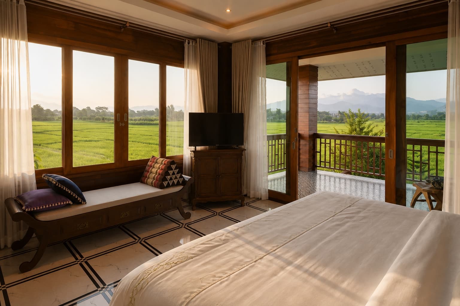 ห้องวิวภูเขาของ Doona Resort พร้อมหน้าต่างไม้ที่มองเห็นทุ่งนาและขุนเขา