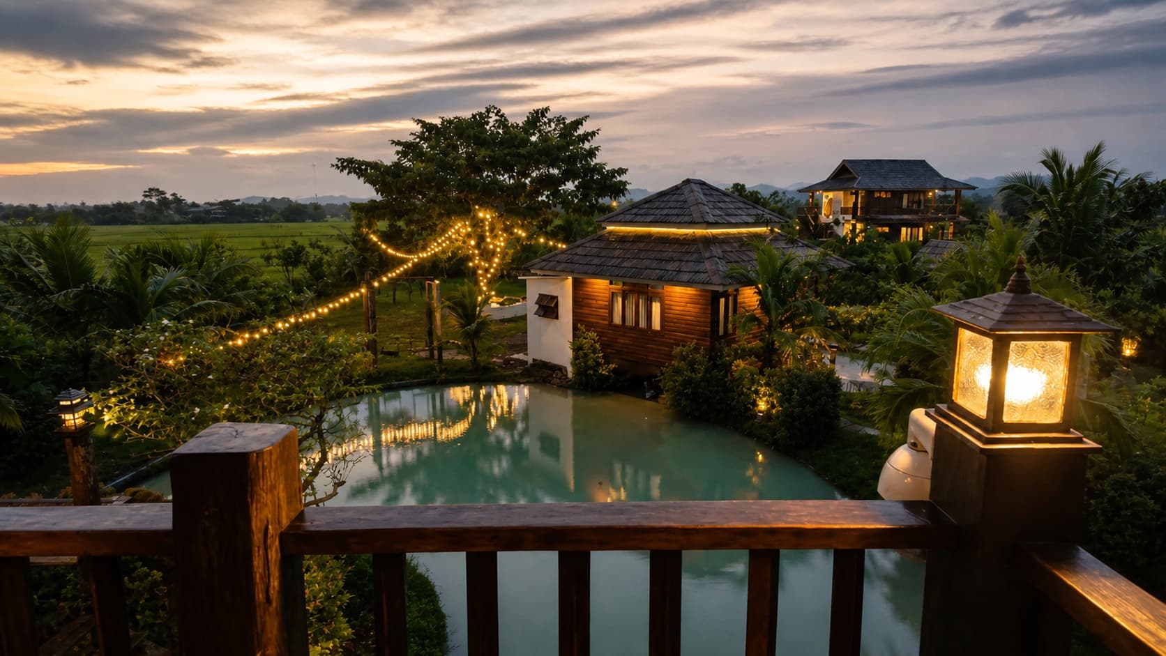 ห้องพักริมสระและสวนของ Doona Resort ในยามเย็น
